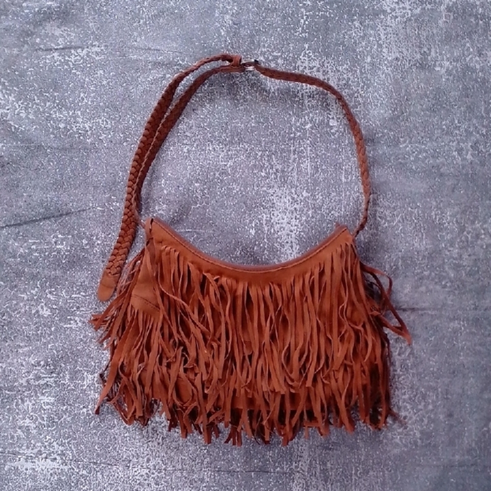 Vintage Brown Leather Look Fringe Shoulder Bag